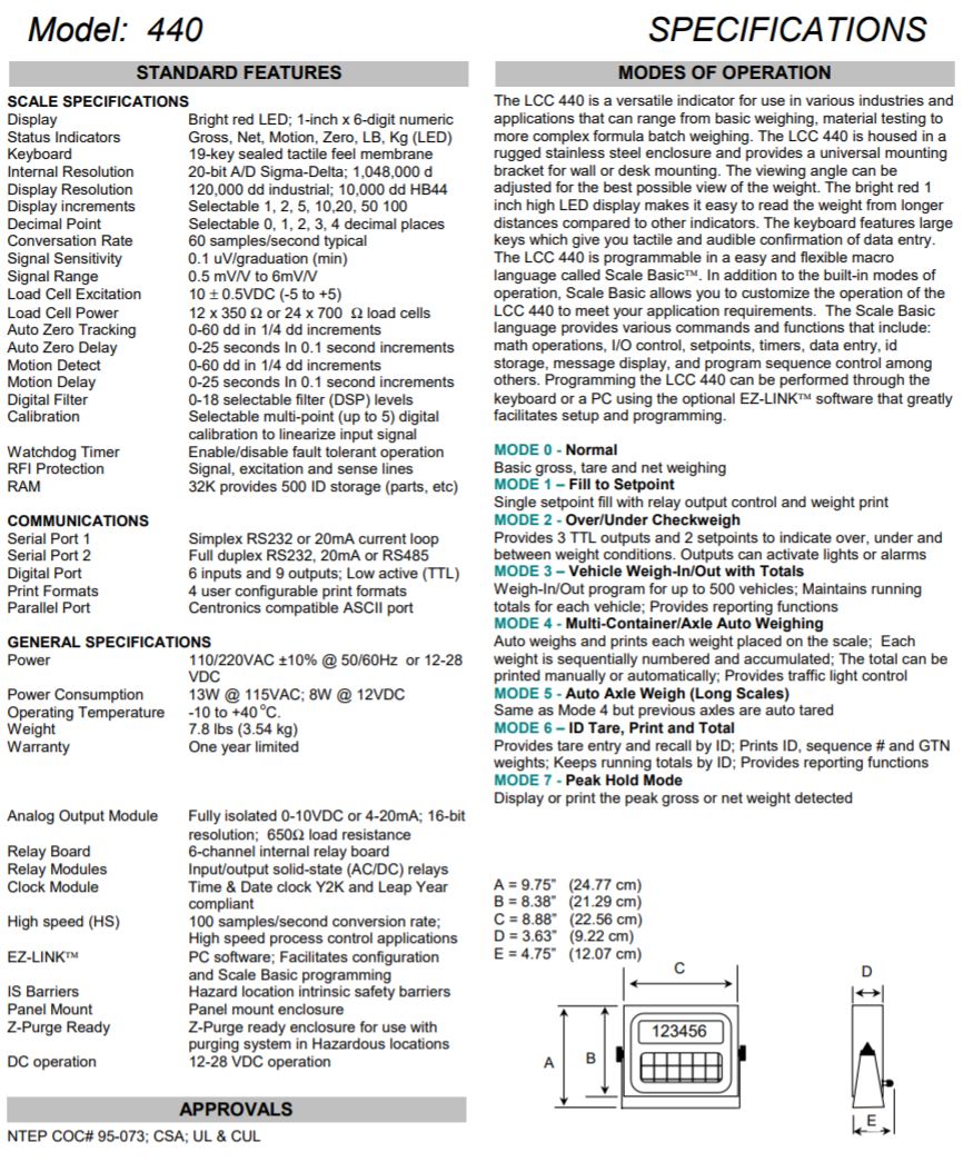 440 specification sheet